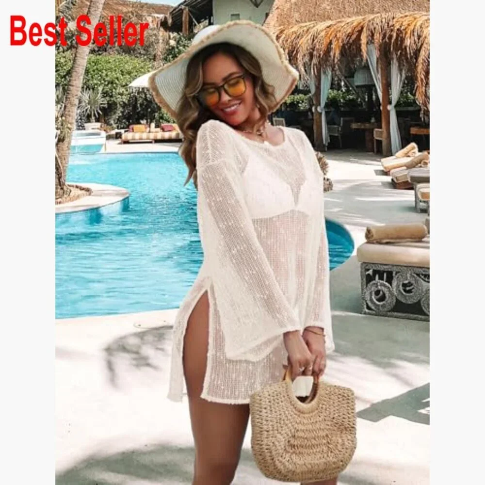Crochet Swimsuit Coverup Boat Neck Long Sleeve Beach Caftan Dress